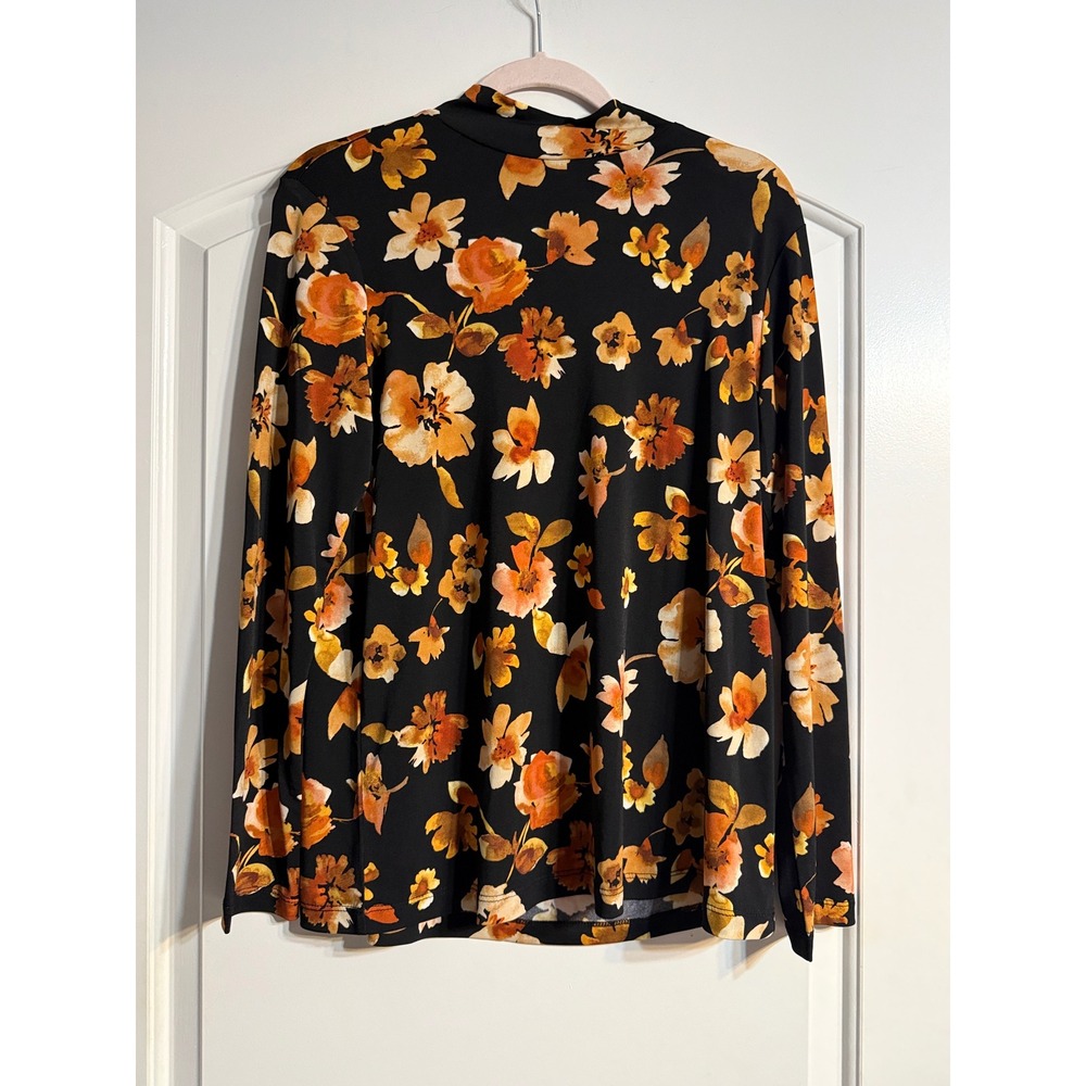 Susan Graver Floral Mock Neck Top Small Black Orange Liquid Knit Earthy Fall